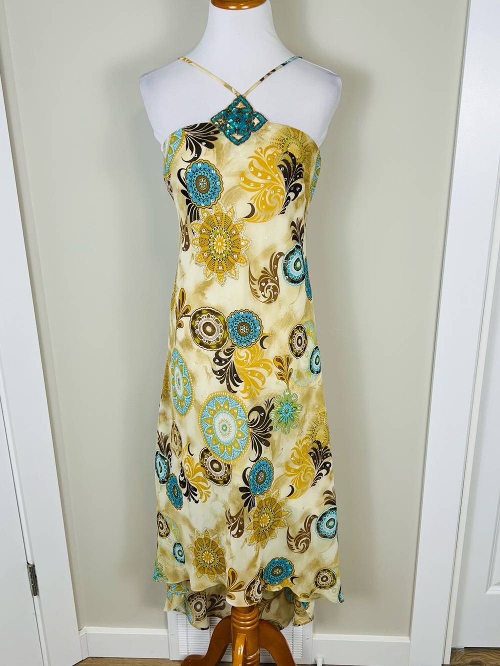 Joseph Ribkoff Yellow Dress with Turquoise & Brown Floral Print - Picture 2 of 6